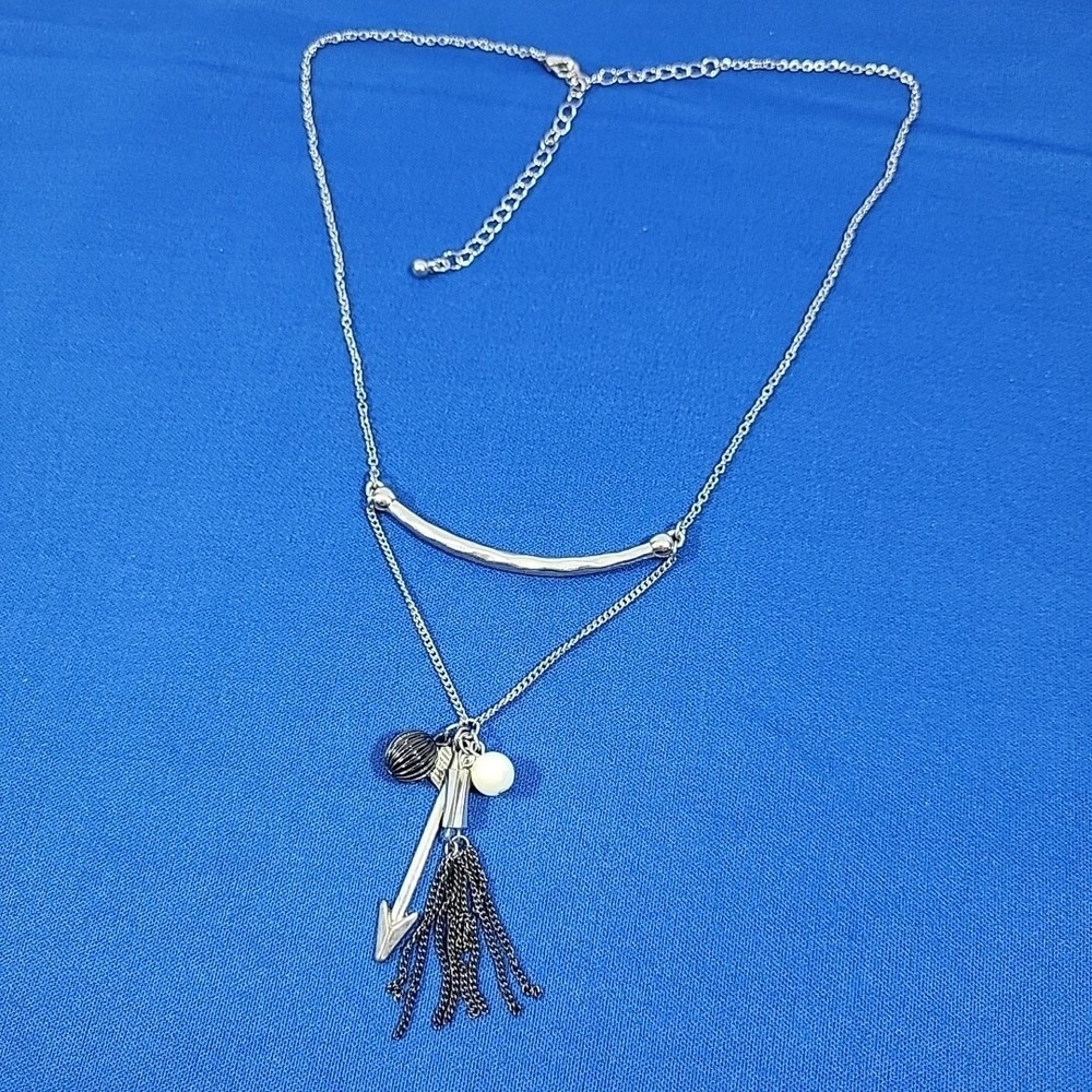 Arrow Charm Necklace Silver-Tone Bar Spacer Tassel Boho Free‎ Spirit
